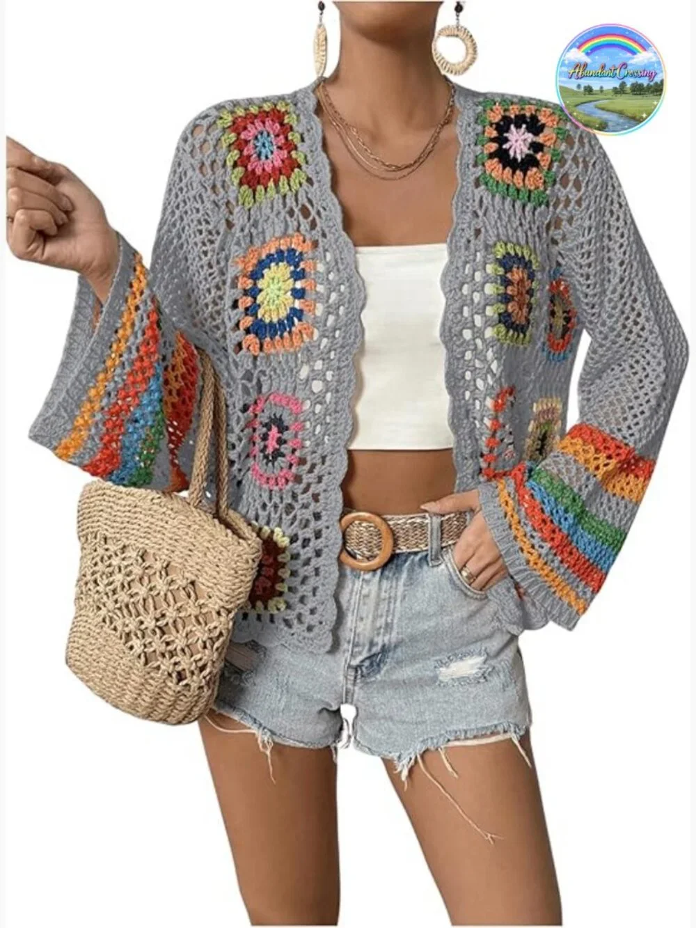 Floral Crochet Open Front Cardigan Sweater Long Sleeve Lightweight Casual